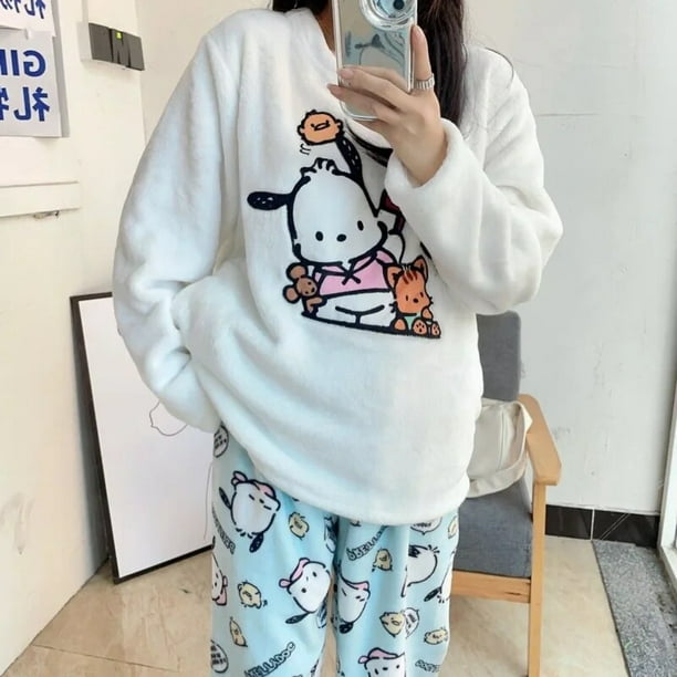 Sanrio Pochacco-ropa de casa de franela para mujer, Jersey Kawaii Y2k, Tops, pantalones sueltos, trajes de 2 piezas, pijamas de felpa, conjunto a juego, nuevo