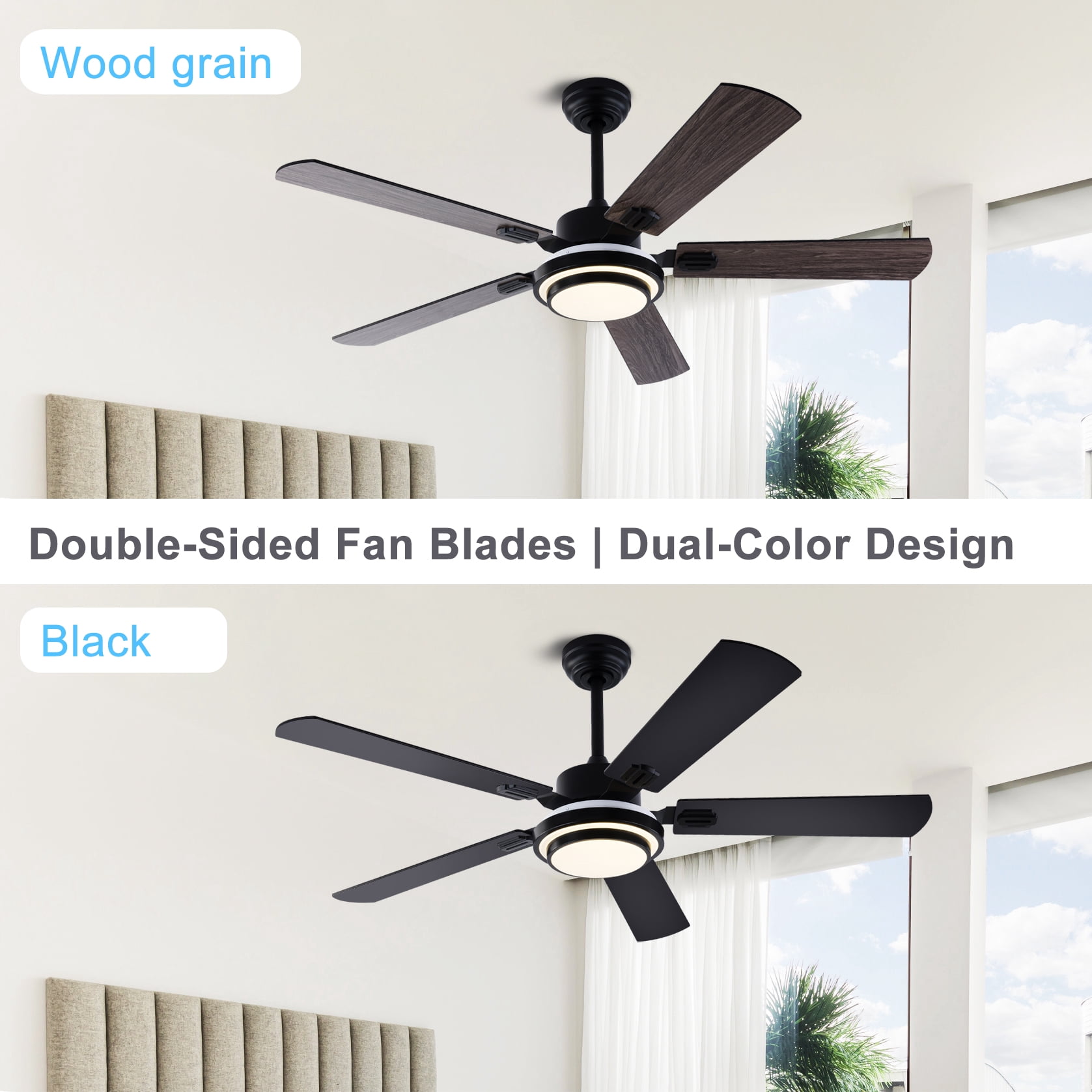 Mintazer 52 in Ceiling Fan with LED Light, Modern Ceiling Fan with Remote Control for Bedroom Living Room Indoor Outdoor, Black