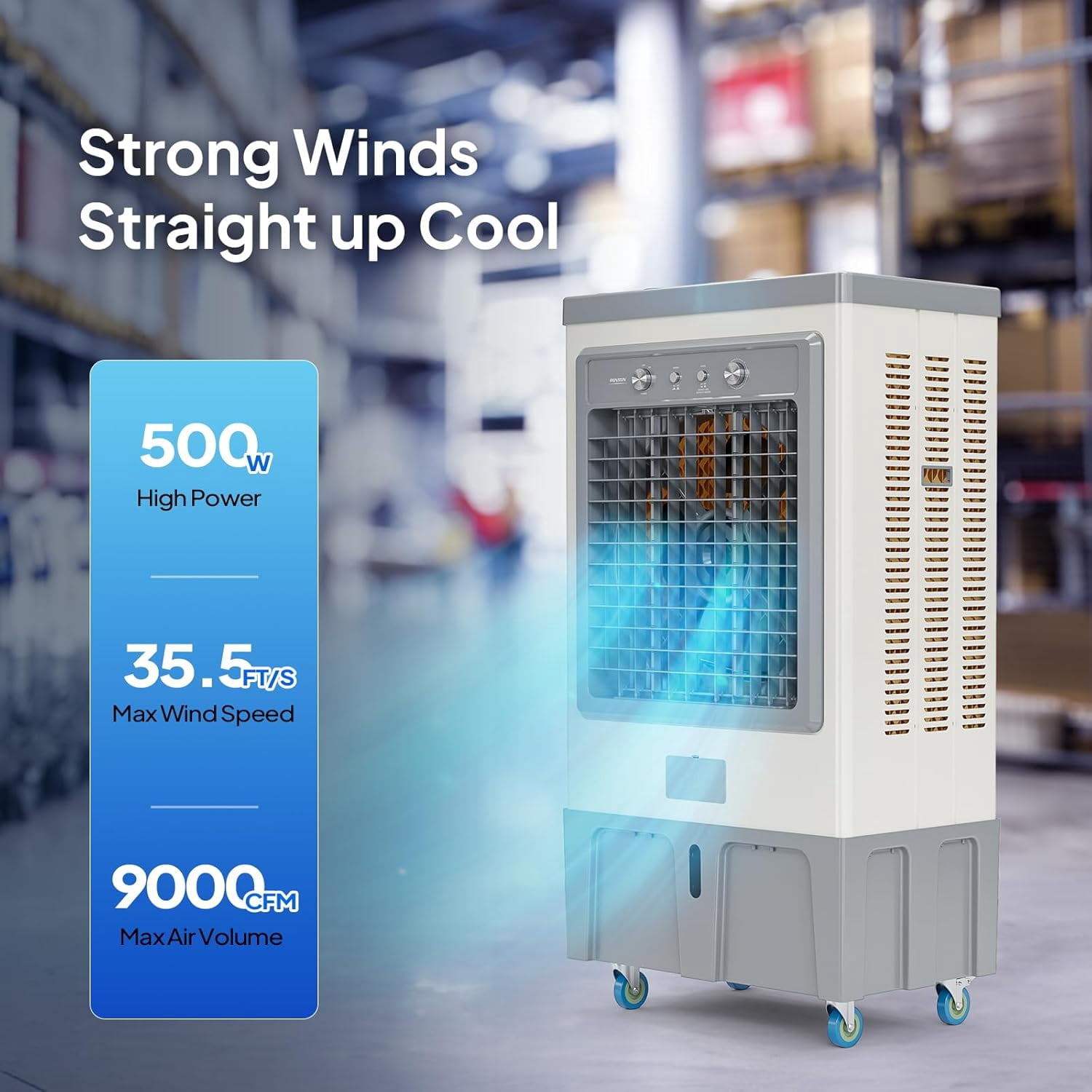 ROVSUN 34.3Gal/130L Swamp Cooler, 9000CFM Evaporative Air Cooler, 500W Strong Motor, 3 Speeds, 4 Ice Packs, 3-IN-1 Humidifying Cooling Fan for Shop, Factory, Garage
