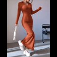 thumbnail image 4 of Vestido Maxi de Punto Acanalado con Cuello en V y Larga para Mujer, con Abertura en el Muslo y Ajustado. Marrón Rojizo L, 4 of 9