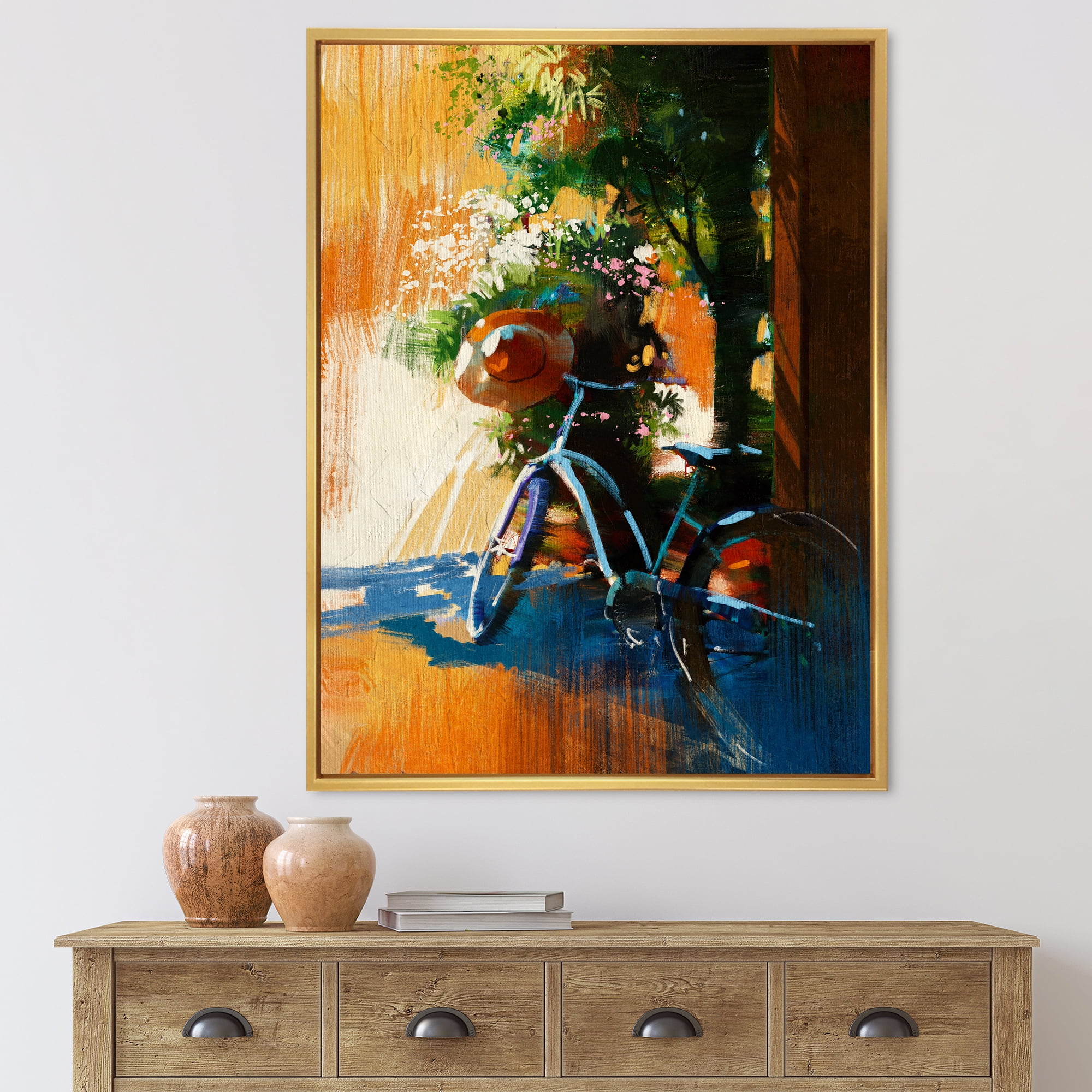 Ancient Bicycle and Old Hat On Summer Day 16 in x 32 in Framed Painting Canvas Art Print, by Designart