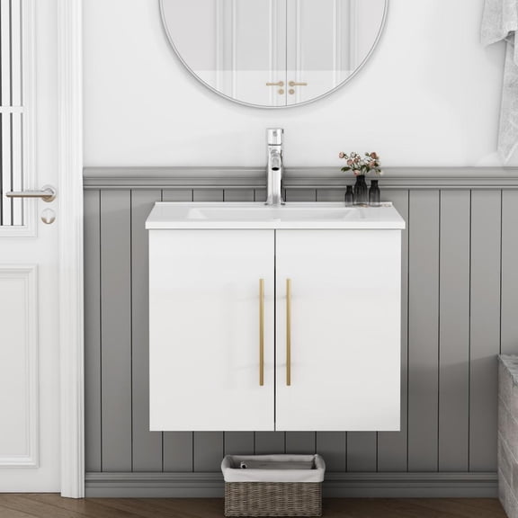 FFZ 24-30" Wall-Hung Bathroom Vanity Sink Combo – Floating Design, Dual Soft-Close Doors, Glossy White Finish, Gold Long Handles, Ceramic Undermount Basin, Quick Installation, Ample Hidden Storage