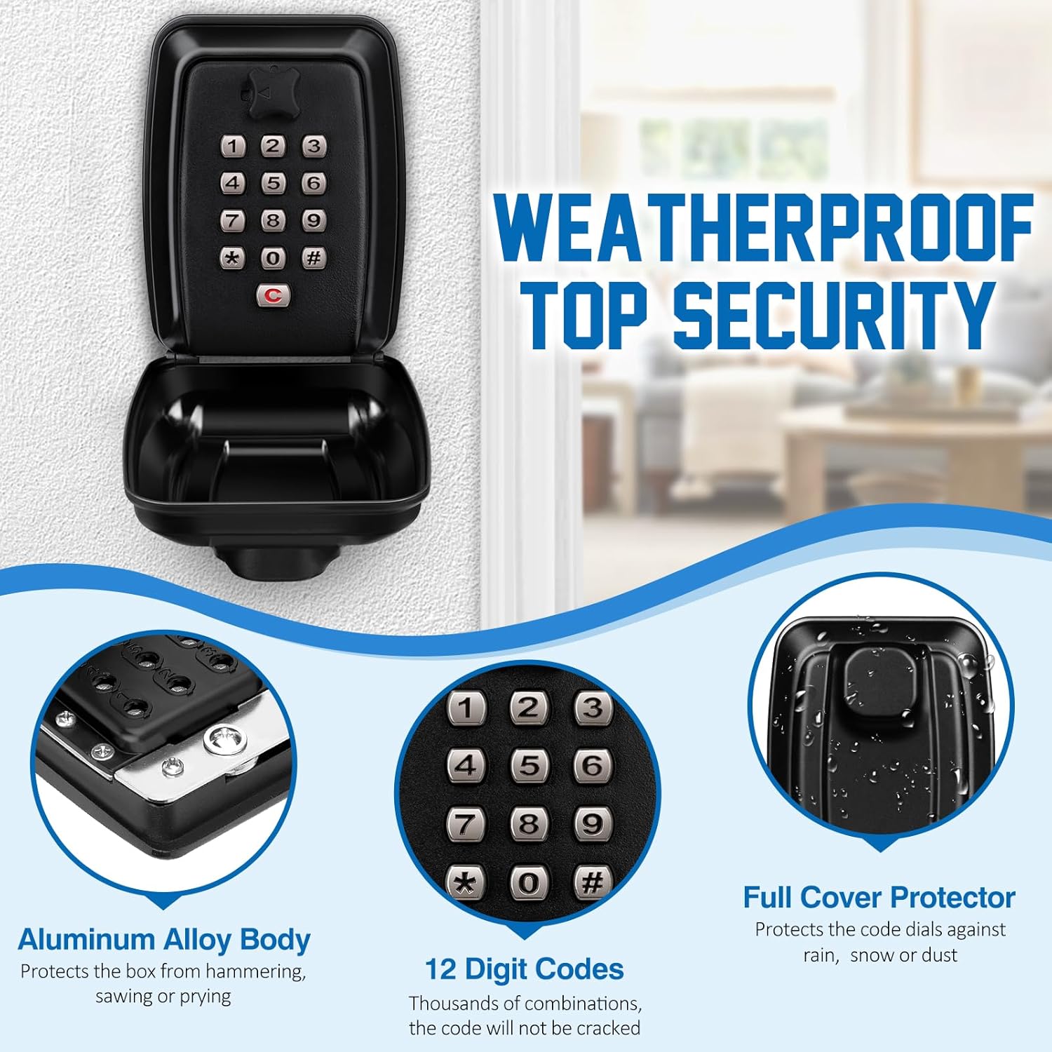 Wall Mounted Key Lock Box Waterproof 12 Digit Combination Security Lock with Weatherproof Cover for Home Garage Office