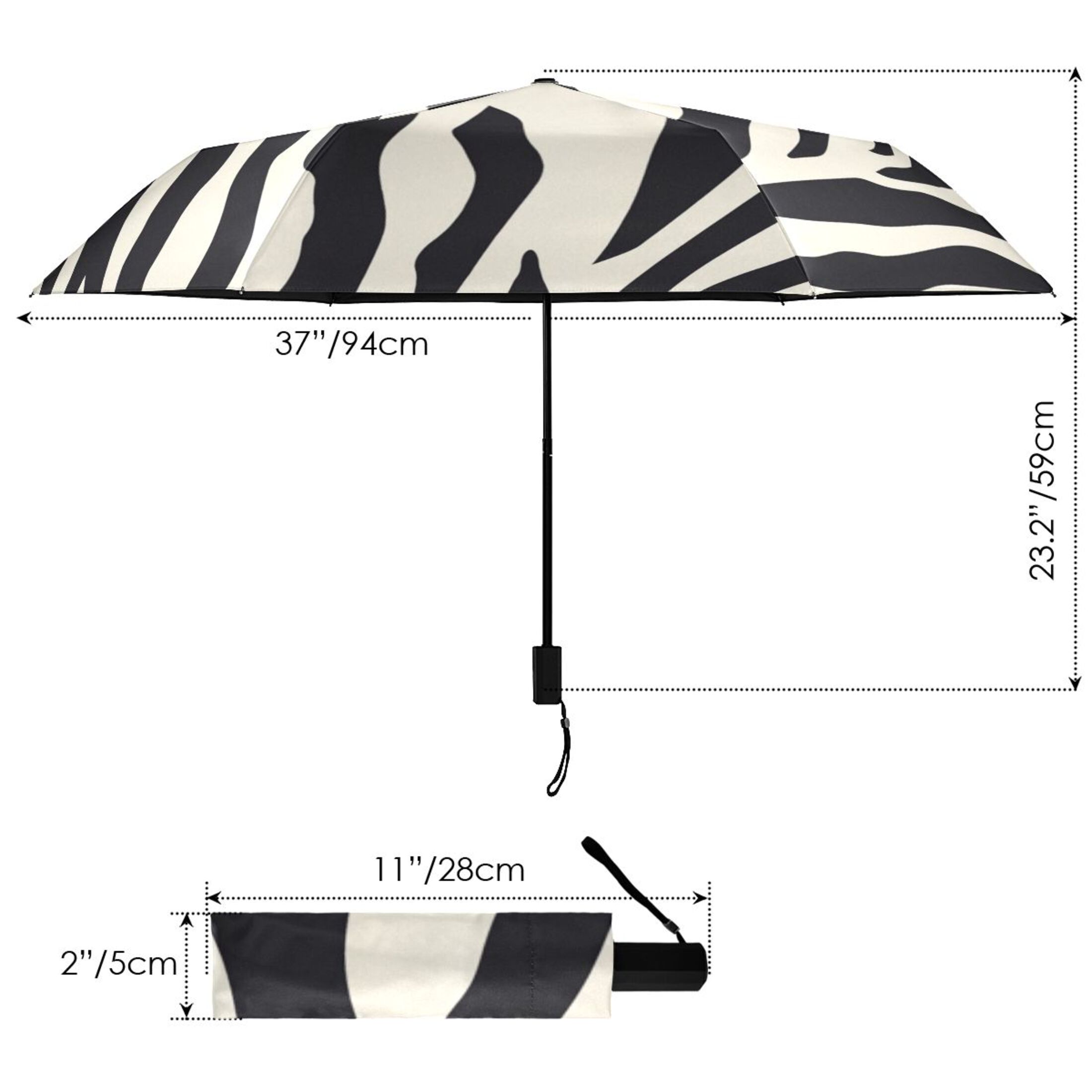 Black White Abstract Zebras Pattern All Weather Umbrella Triple Folding Parasol 6 Ribs UV Protection Portable