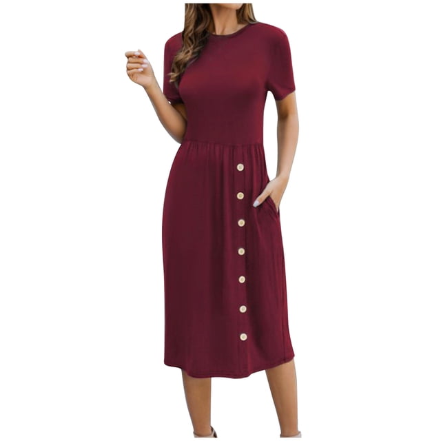 QIPOPIQ Robes Midi pour Femmes à Étages à Manches Courtes Tendance Unies à Col Rond Robe Maxi d'Été Robe Ample Offres 2023
