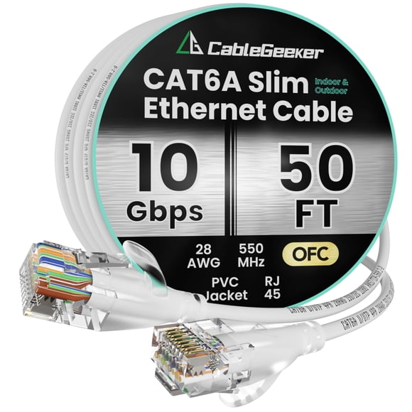 CableGeeker Cat6a Ethernet Cable Slim 50ft - 28AWG UTP Pure Copper Patch Cable, 10Gbps High-Speed Cat6 Ethernet Cable, Flexible Ethernet Cord & Internet Cable for Patch Panel, White