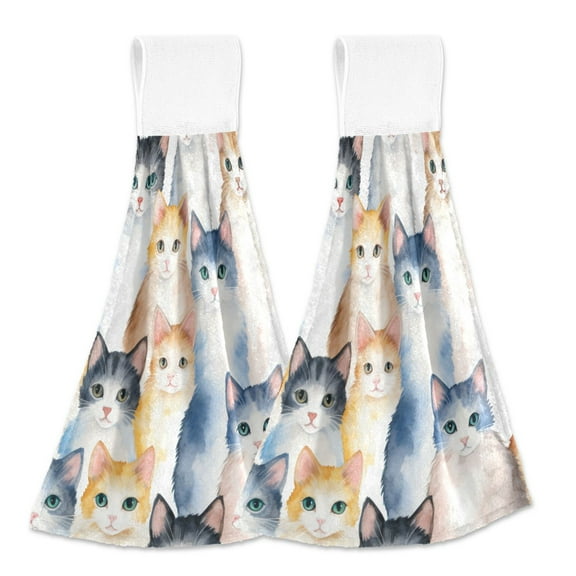 Cats 2pcs Bathroom Hanging Towels Velcro Soft Hand Towel Absorbent Tie Towels for Kitchen Toilet Tea Bar Washcloth