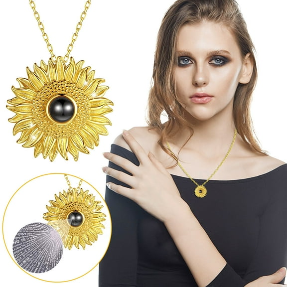 Dademeo Valentines Day Gifts Golden Sunflower Pendant Necklace for Women 100 Languages I Love You Projection Necklace Jewelry for Her Girlfriend Wife Mom Anniversary Birthday Gifts