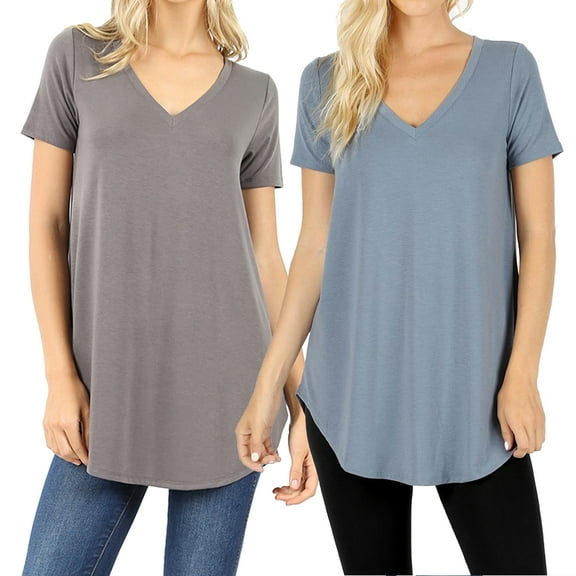 Women Short Sleeve V Neck Round Hem Relaxed Fit Casual Tee Shirt Top (2PK: MID GREY/CEMENT, X-Large)