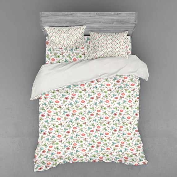 Ambesonne Floral Bedding Set 4 Pcs, Doodle Art Petal Insect, Queen, Multicolor