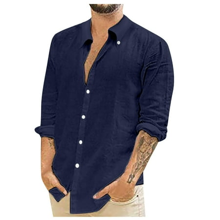 Cakiesky Men s Long-Sleeve Poplin Shirt Breathable Big&tall Tee Shirt Navy 3XL