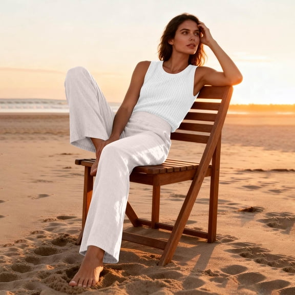 Women’s 2026 Summer Cotton Linen Pants High Waisted Straight Leg Lightweight Casual Pants Beige M