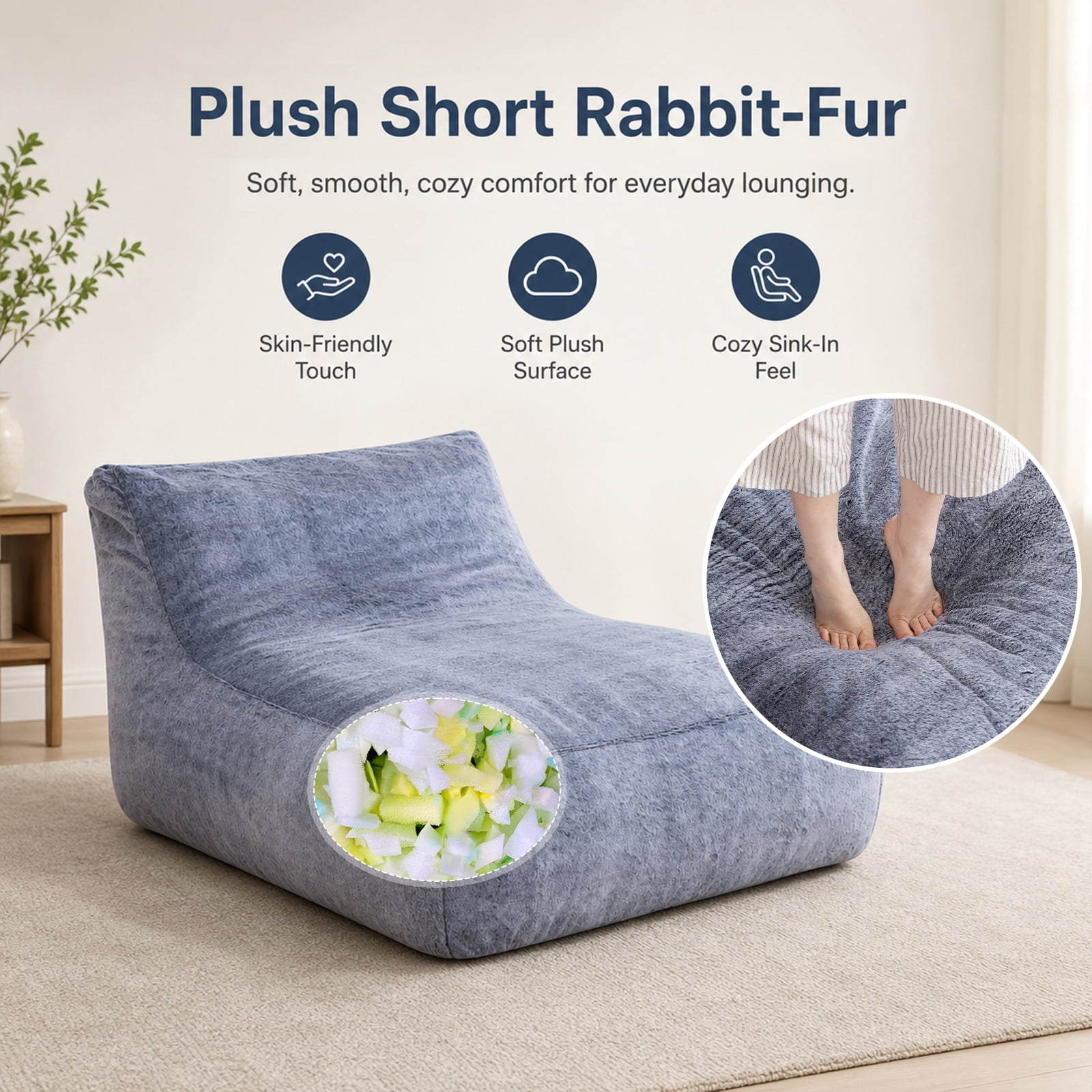 Alvantor Convertible Plush Sofa Bed with Ottoman and Pillow, Oversized Shaggy Faux Fur Floor Sofa, Foam Filled Armless Sleeper for Living Room, Bedroom, Dorm