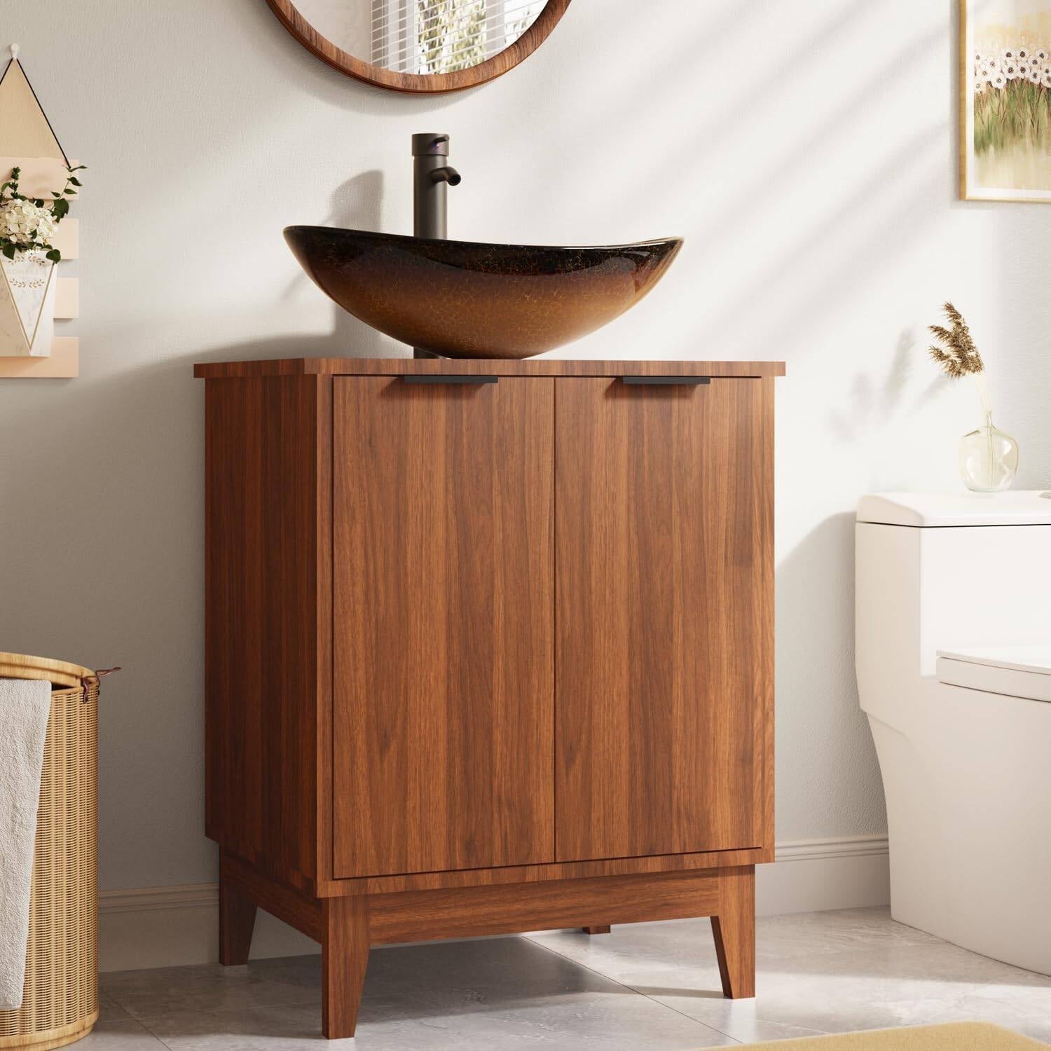 Erinnyees 24" Bathroom Vanity with Sink Combo Set, Rustic Bathroom Cabinet with 2 Doors, Standing Pedestal Cabinet with Gold Boat Vessel Sink