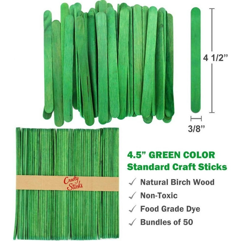 50 Sticks, Green Popsicle Sticks 4.5 inch Wood Craft Sticks, Christmas and St Patricks Day Crafts, by CraftySticks