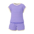 thumbnail image 4 of GiLiling Girls 2 Piece Lounge Set Striped Knit Short Sleeve T-Shirt and Elastic Waist Shorts Casual Summer (Purple, 13-14 Years), 4 of 4