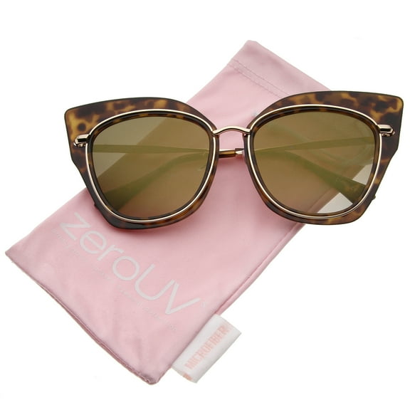 zeroUV Female Women's Oversize Open Metal Colored Mirror Flat Lens Cat Eye Sunglasses 57mm (Tortoise-Gold / Gold Mirror) - 57mm