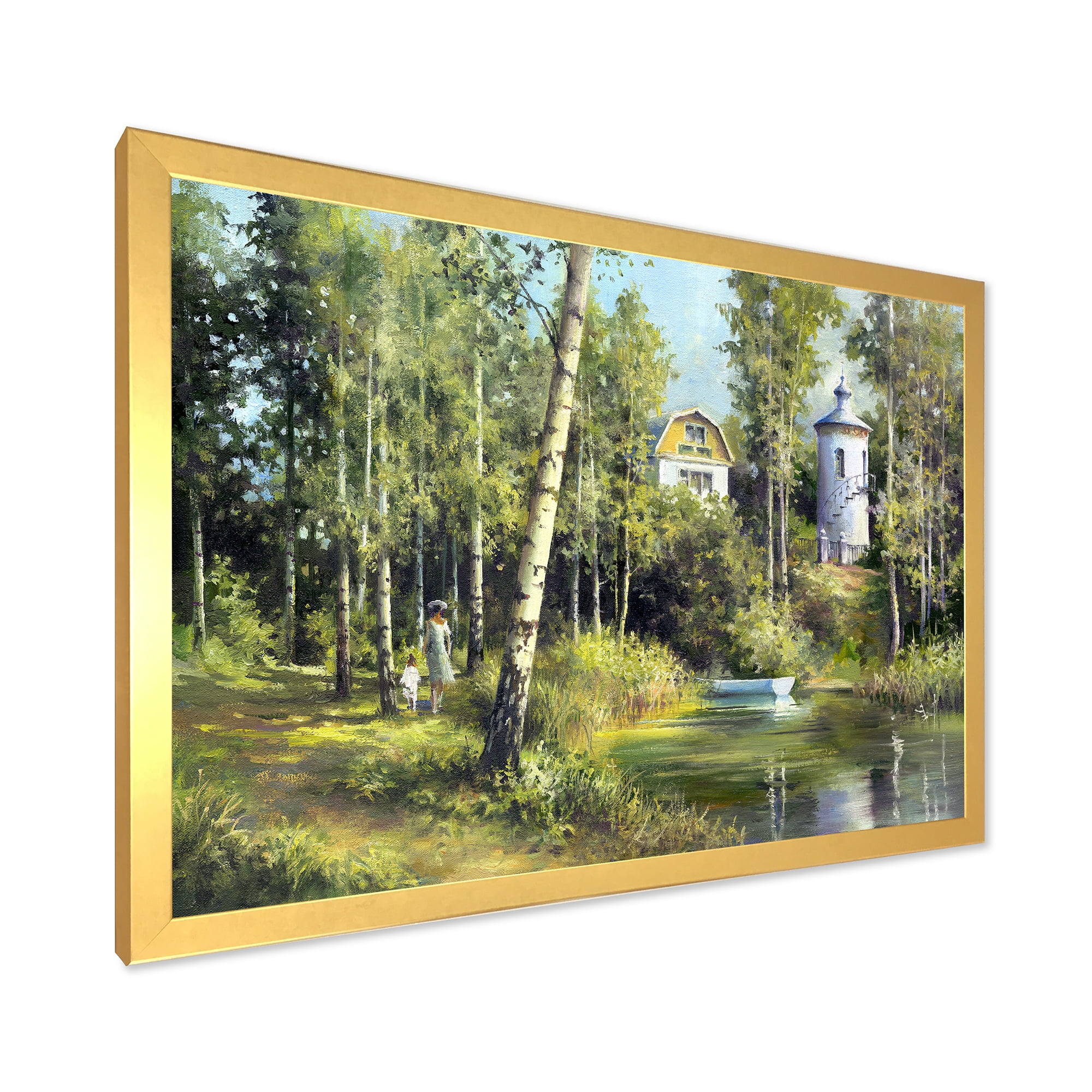 Designart 'The Wood River With Boat On A Decline By The Castle' Lake House Framed Art Print