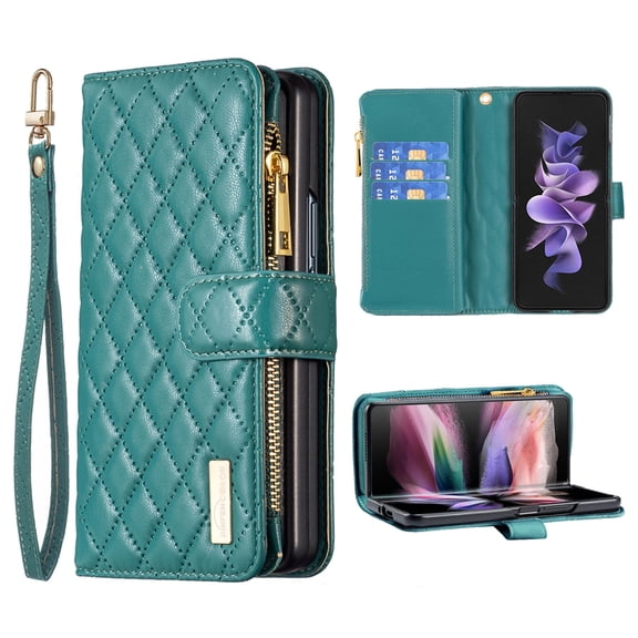 for Samsung Galaxy Z Fold 6 Wallet Case, Soft Leather Kickstand Card Holder Zipper Shockproof Flip 360 Protective Cover with Lanyard