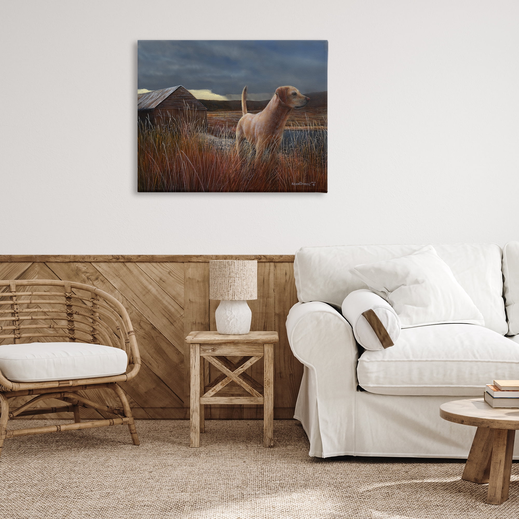 Stupell Industries Alert Dog by Cabin Landscape & Nature Painting Wrapped Canvas Art Print Wall Art, 40 x 30