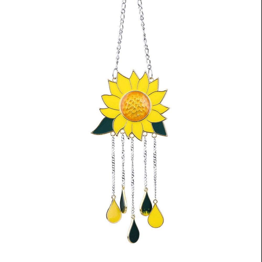 Sunflower Wind Chimes Ornaments, Stained Glass Window Hanging Panel  Decoration with Chain for Home Panel Patio Porch Garden Backyard Decor Gift  