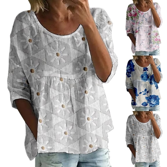 Women's Boho Floral 3/4 Sleeve Top Summer Casual Loose Breathable Cute Plus Size Pleated Blouse Shirts by Yigetop Blue L