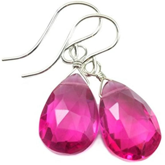 Sterling Silver Simulated Sapphire Hot Pink Earrings Faceted Pear Simple Shaped Briolettes Designed for Adult Women