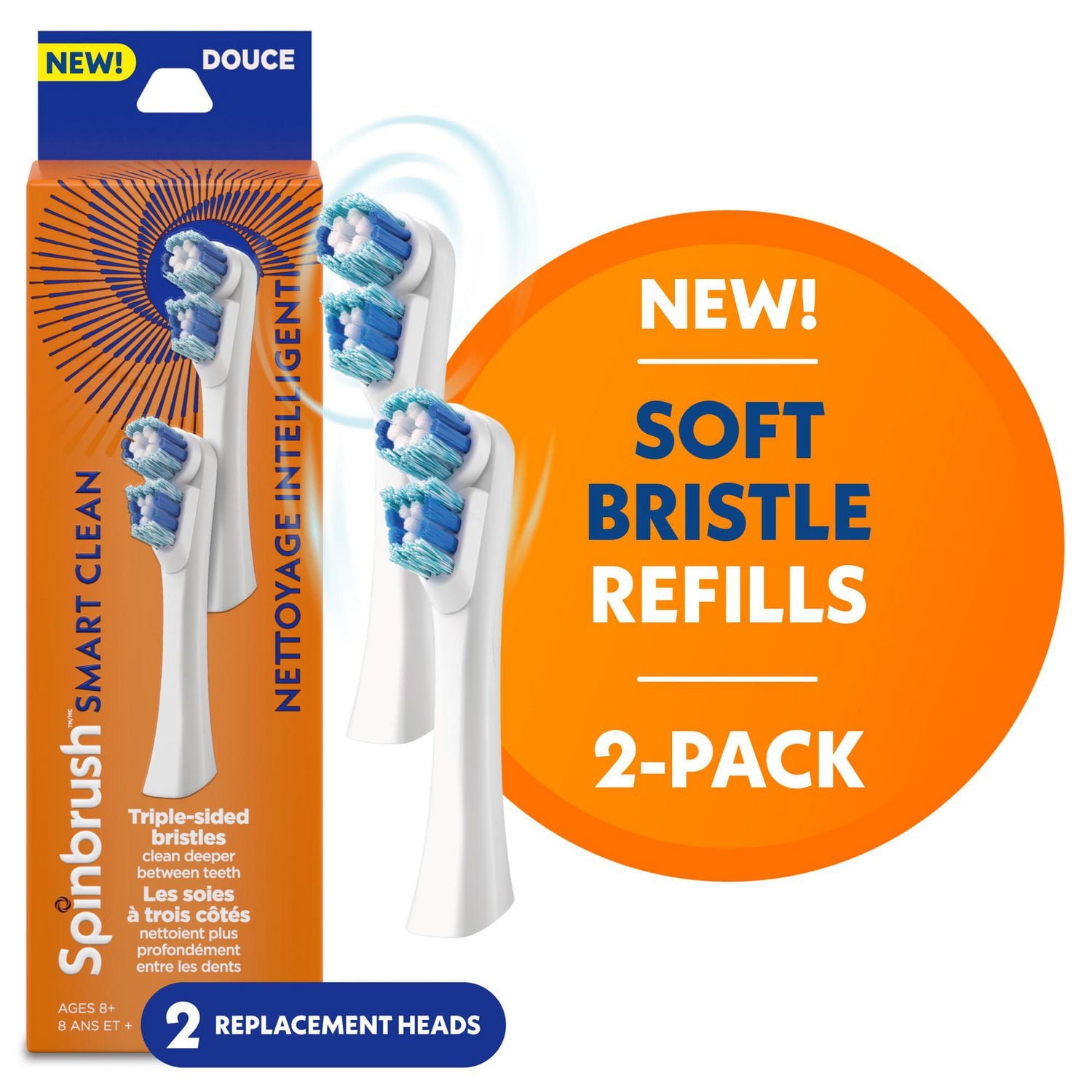 Spinbrush Smart Clean Replacement Heads, Battery Powered Electric Toothbrush Refills for Adults, Soft Bristles, 2 Count, Spinbrush SMART CLEAN