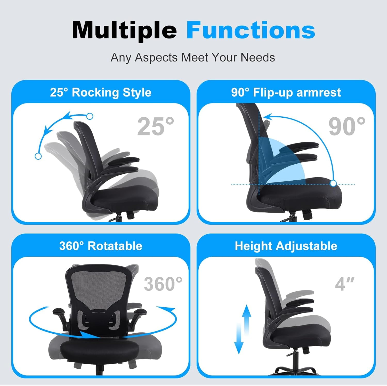 Flysky Mesh Office Chair 300lb, Ergonomic Home Office Desk Chair with Lumbar Support and Flip-up Arms, Black