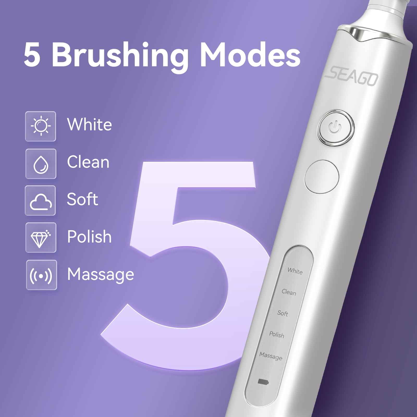 SEAGO Rotating Electric Toothbrush for adult, 8 Brush Heads,  5 Cleaning Modes, 2 Mins Timer, SG-2603 (White)