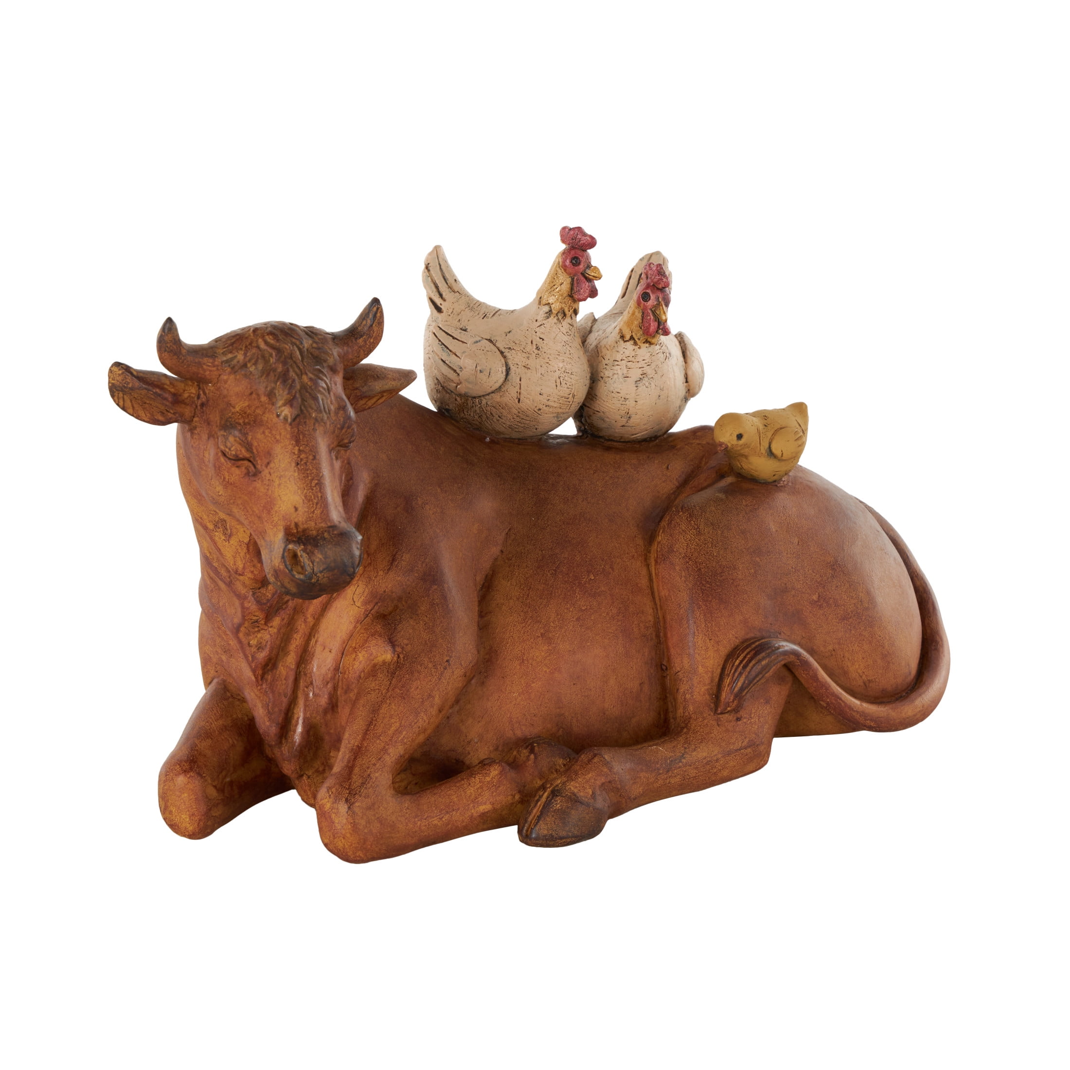 12" x 7" Copper Polystone Cow Sculpture with Sitting Roosters and Chicks, by DecMode