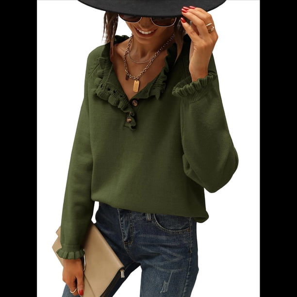 Suéteres de Mujer, Ropa de Otoño e Invierno, Jersey de Punto Informal de Larga con Botones y Volantes y Cuello Redondo Verde Oliva L