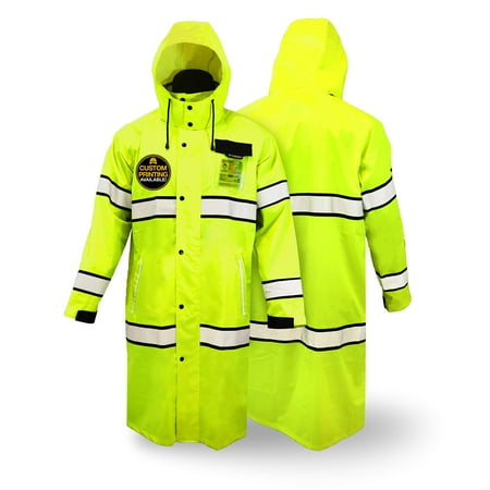 KwikSafety (Charlotte, NC) TORRENT Class 3 Safety Trench Coat | High Visibility Waterproof Windproof Safety Rain Jacket | Hi Vis Reflective ANSI Work Wear | Rain Gear Hideaway Hood Carry Bag | Small