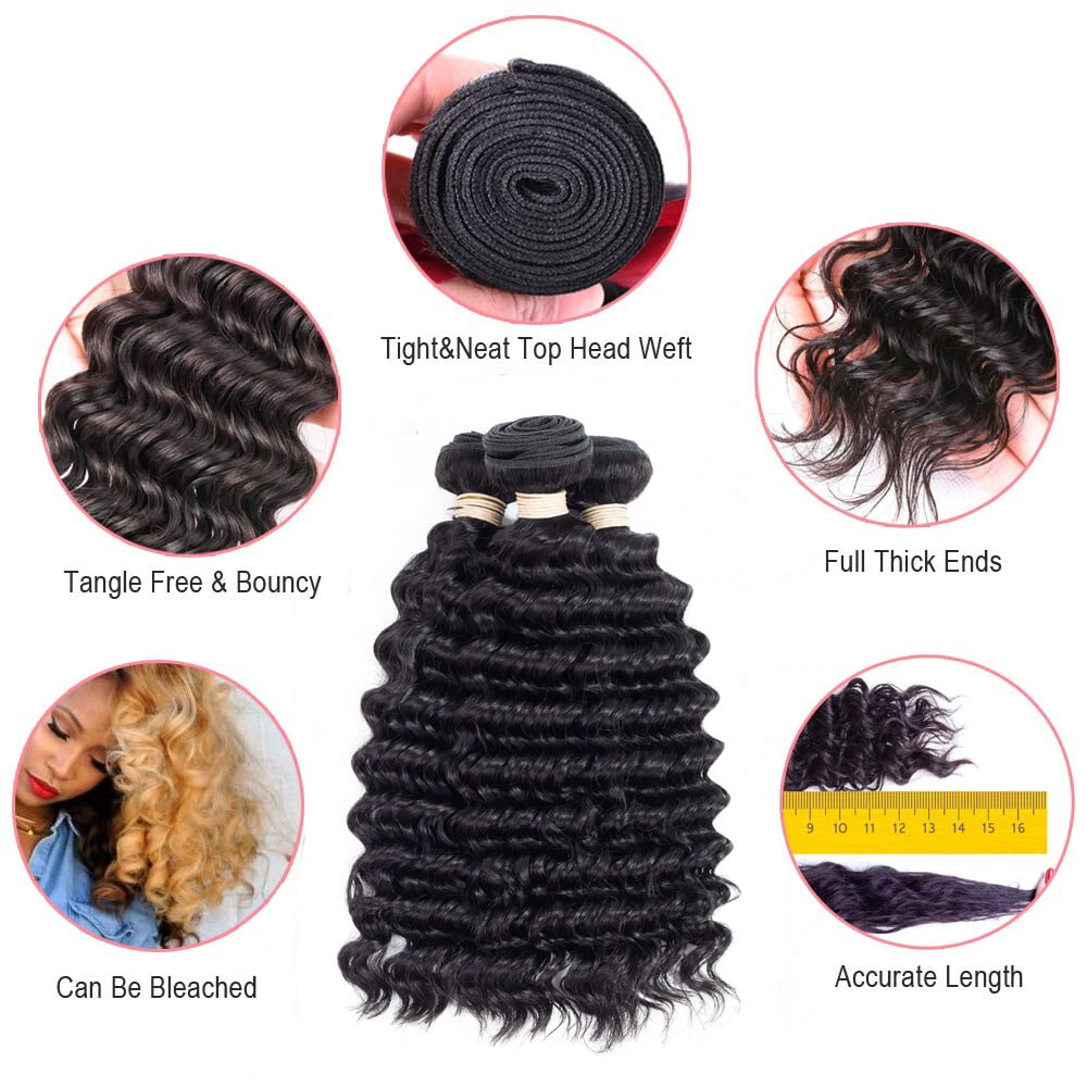 Malaysian Deep Wave Human Hair Bundles with Closure Unprocessed Virgin Hair Weave Extensions