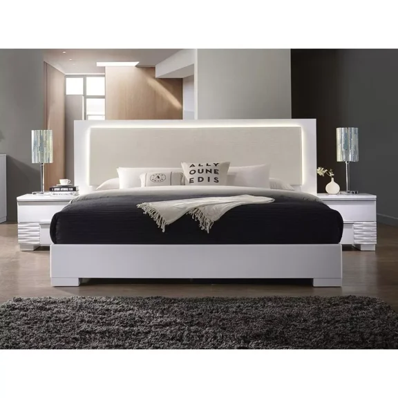 Modern 3 Piece Queen Size Bedroom Furniture Set, LED Headboard Bed Frame and Two Nightstand, White Lacquer Finish