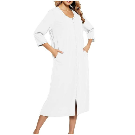 biudgviw Womens Zip Up Housecoat 3/4 Sleeve Soft Bathrobe Color Block Full Length Nightgowns Loose Casual Loungewear with Pockets