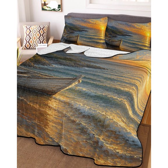 King Quilt Bedding Set, Coastal Beach Sailboat Lightweight Coverlet Summer Comforter Set Soft Microfiber Bedspread, Rustic Seaside Sunset Scenery 3 Piece Quilt Set with 2 Pillow Shams