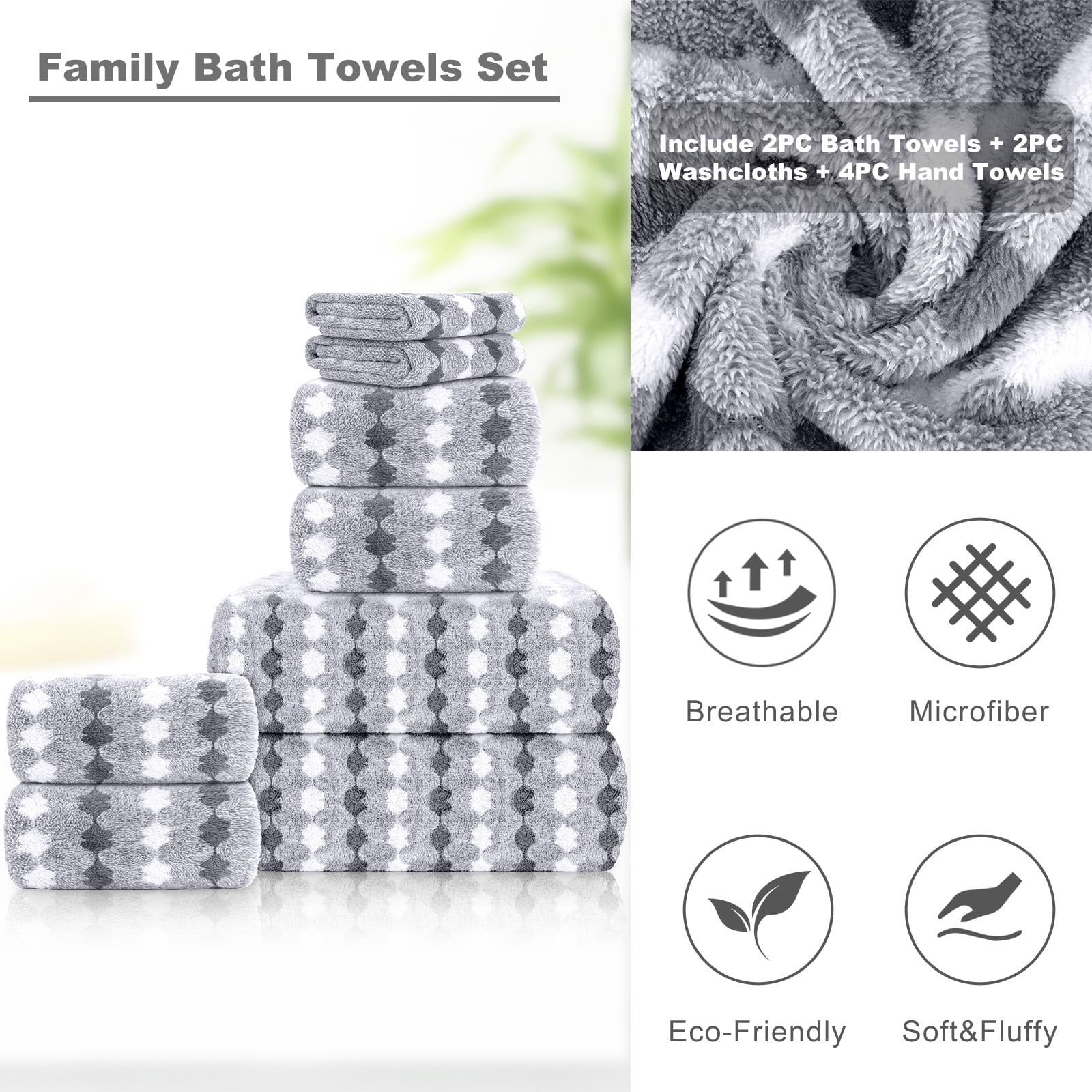 Sanmadrola Bath Towels Set of 8, 2 Bath Towels 2 Washcloths 4 Hand Towel -700 GSM High Absorbent Quick Dry Gray Bath Sheets for Bathroom,Gym,Hotel