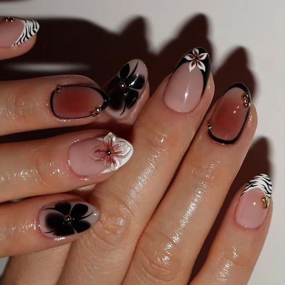 Pack of 1 Press Nails Short False Nails Glossy Oval French Tips Fingernails Handmade Manicure Art