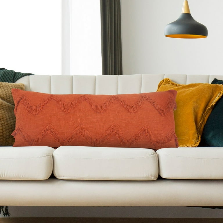 LR Home Solid Cinnamon Chevron Shag Lumbar Throw Pillow 14 x 36