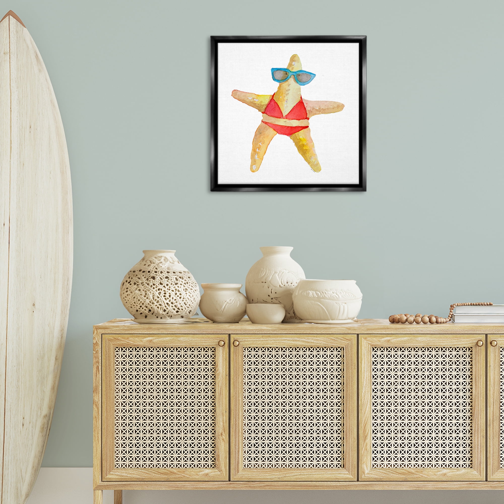Stupell Industries Fun Swimsuit Starfish Novelty Painting Black Floater Framed Canvas Art Print Wall Art, 25 x 25