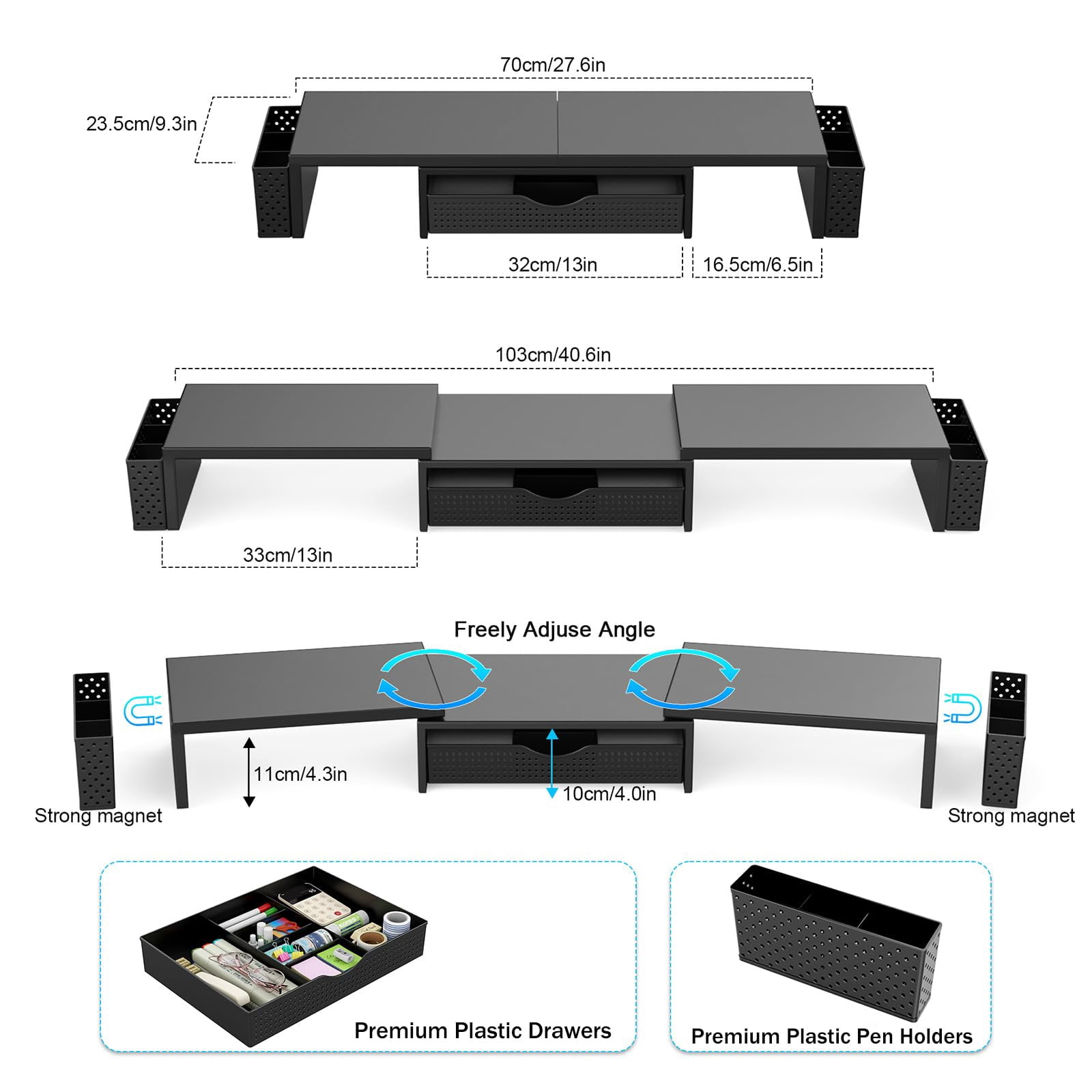Metal Desk Organizers And Accessories  Dual Monitor Stand Riser With Drawer 2 Pen Holders Book Racks & Workspace Desktop For Office Supplies (black)