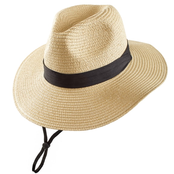 Champagne Straw Sun Hats for Women 2-Pack – Wide Brim Beach Hat with Chin Strap, Panama Style, Lightweight Packable Summer Hat for Travel, Pool, Vacation