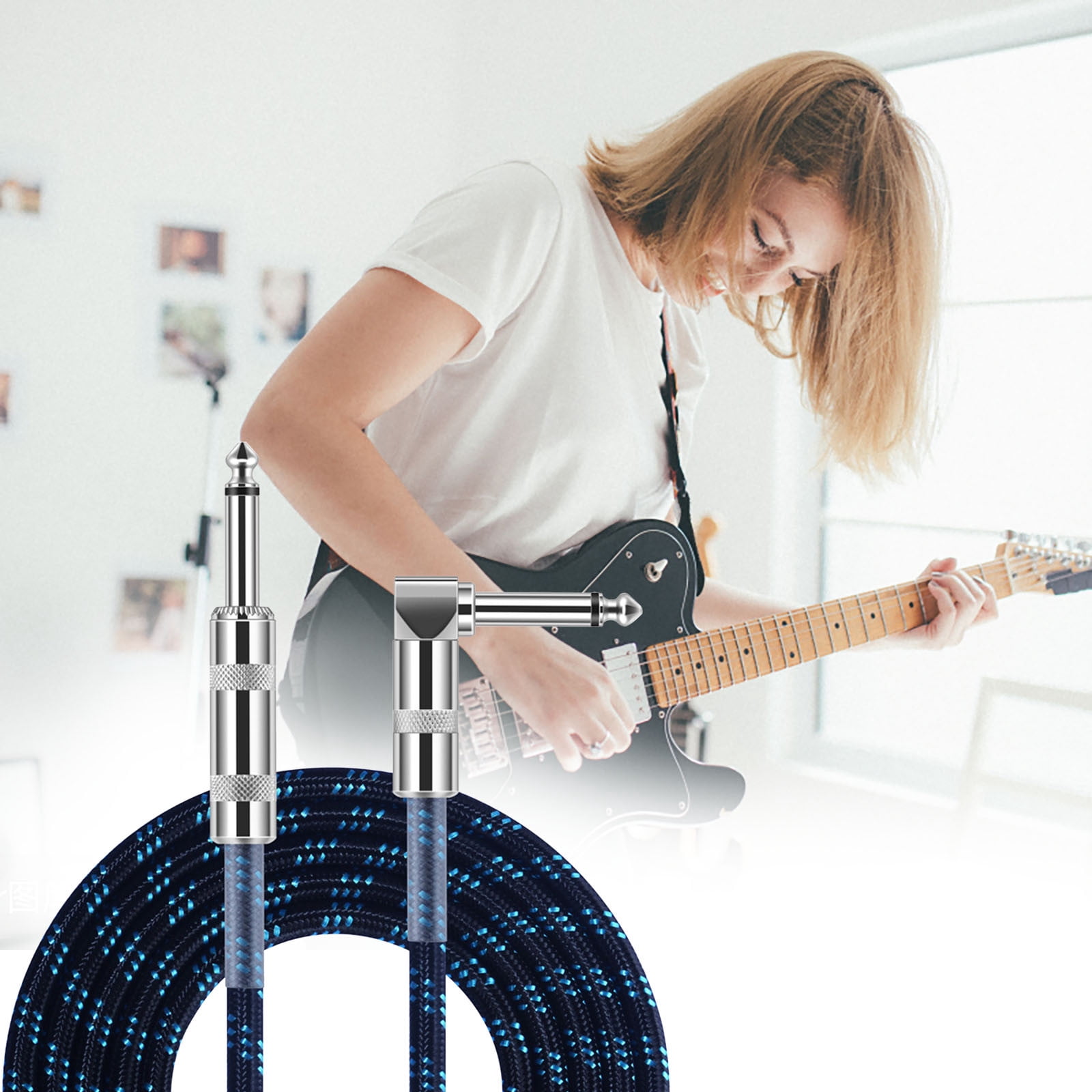 Weloille 6.35mm Electric Guitar Cable Guitar Amp Cable For Electric Guitar Bass Electric Mandolin Keyboard Pro Audio 1/4 Inch Right Angle To Straight Cable
