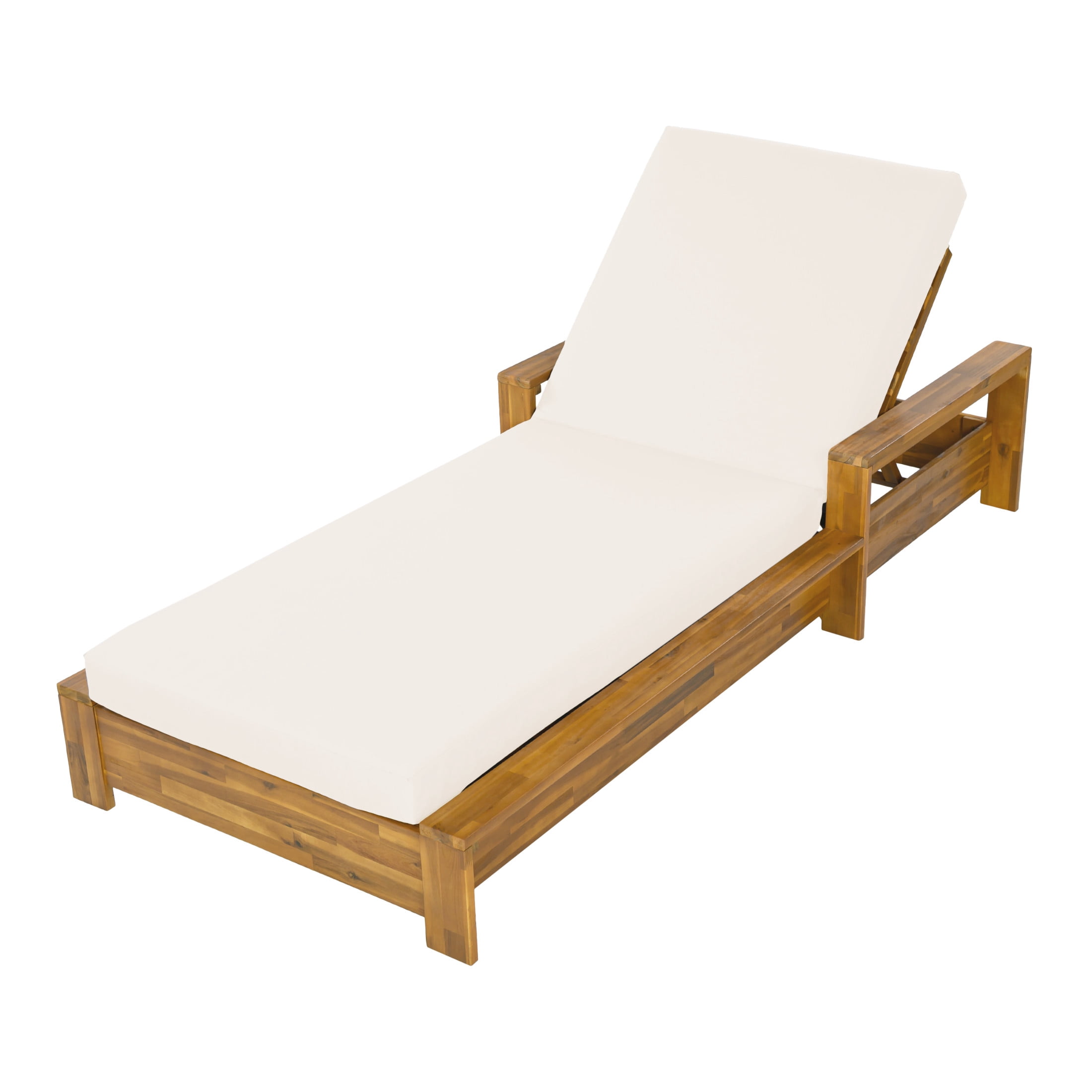 Christopher Knight Home Acacia Wood Outdoor Chaise Lounge Set with Armrests, 2-Fold Cushion, Teak + Cream