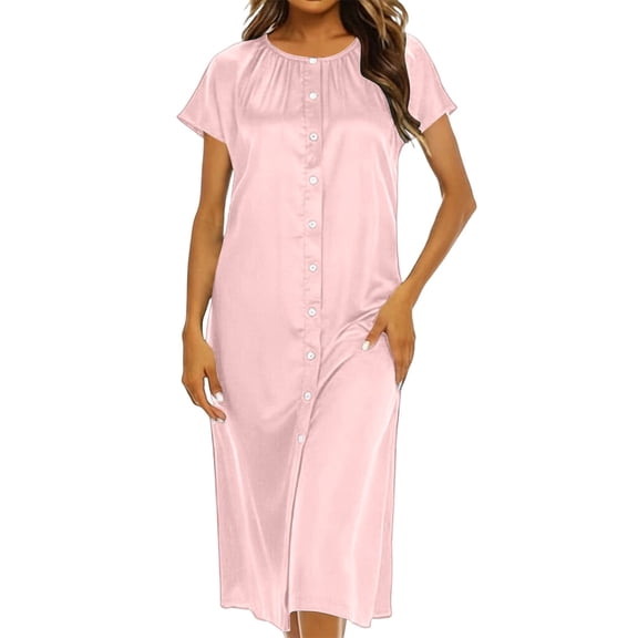 Silk Button Down Dresses for Women Short Sleeve Satin House Dress Loose Casual Pajamas Sleepshirt Pink, 2XL