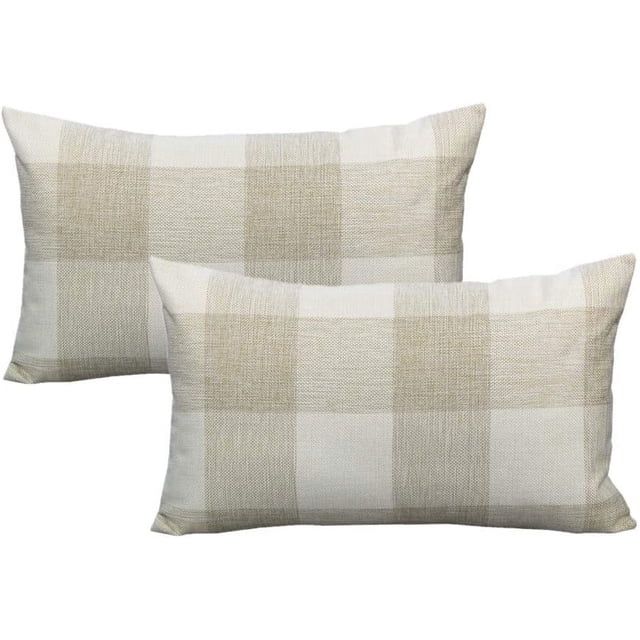 Juego de 2 fundas de cojín decorativas de 12.0 x 20.0 in, diseño de cuadros de búfalo, color beige, blanco, retro, cuadros, algodón, lino, lumbar, rectangulares, decoración del hogar para sofá