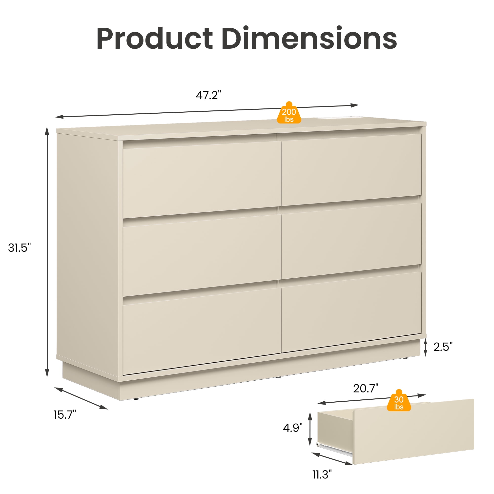 Heynemo Dresser with 6 Drawers for Bedroom, Chest of Drawer with Charging Station for Living Room, Beige