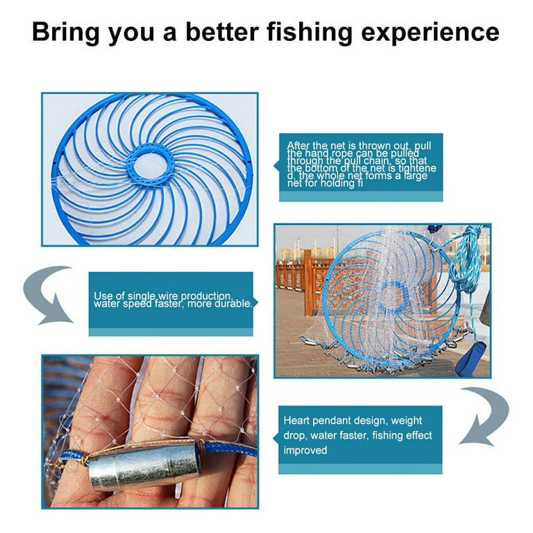 Udiyo 240/300/360cm Outdoor Fishing Hand Throw Fine Mesh Cast Net Flying Trap Disc, Clear