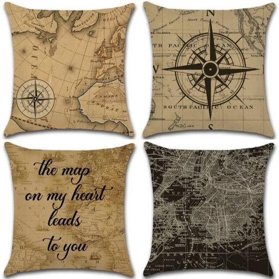 Nautical Map Compass Navigation Pattern, Cotton Linen Fabric Decorative Indoor Outdoor Throw Pillow Cover Set 18x18